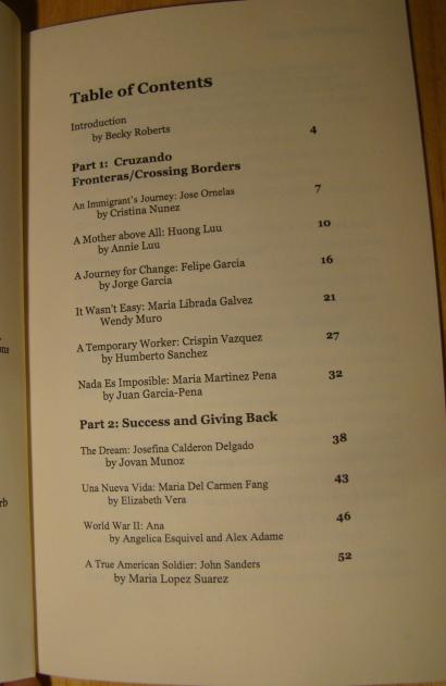 table of contents for book Voces del Valle